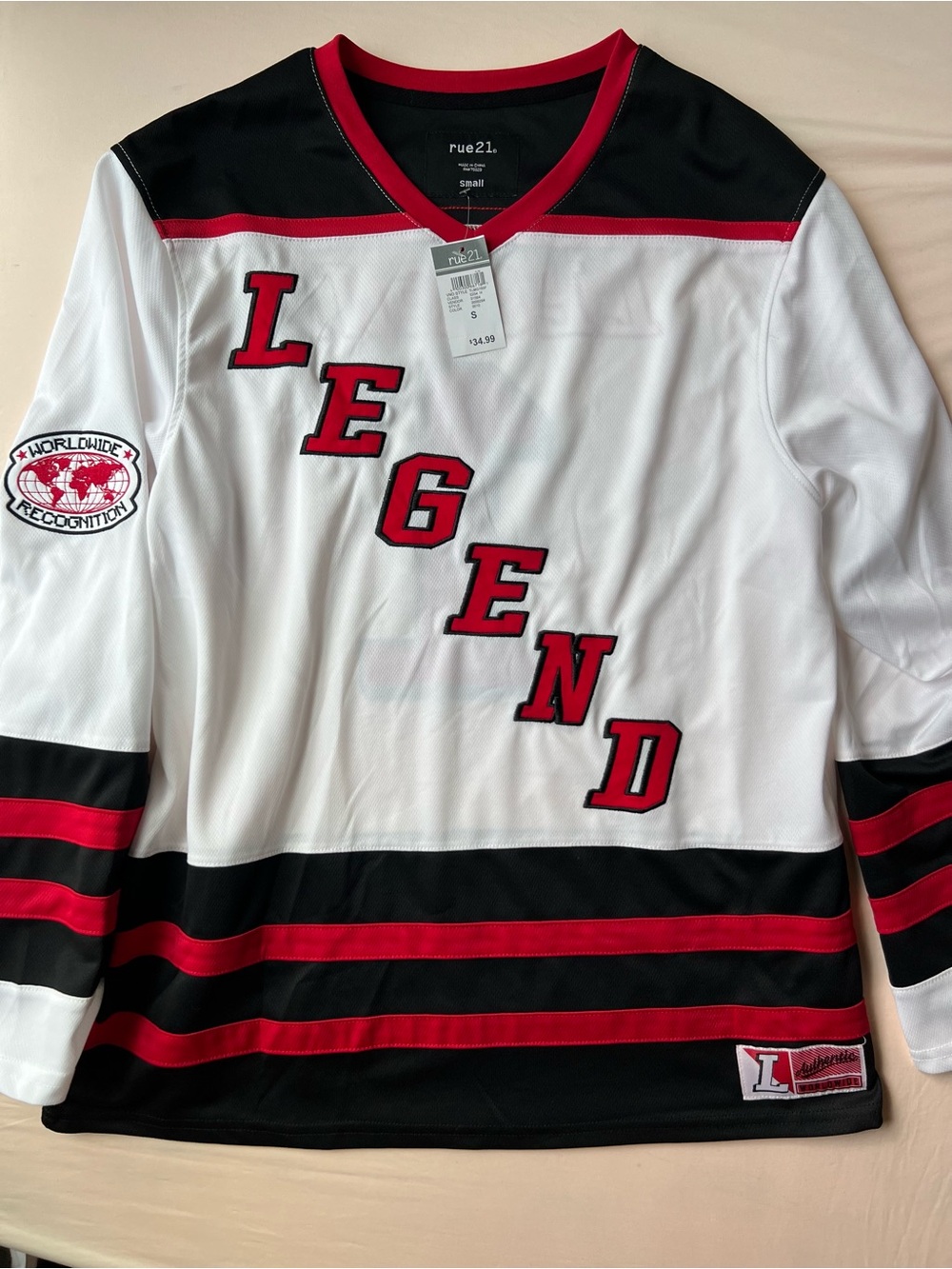 Rue21 White, Black & Red 'LEGEND' Hockey-Style Jersey